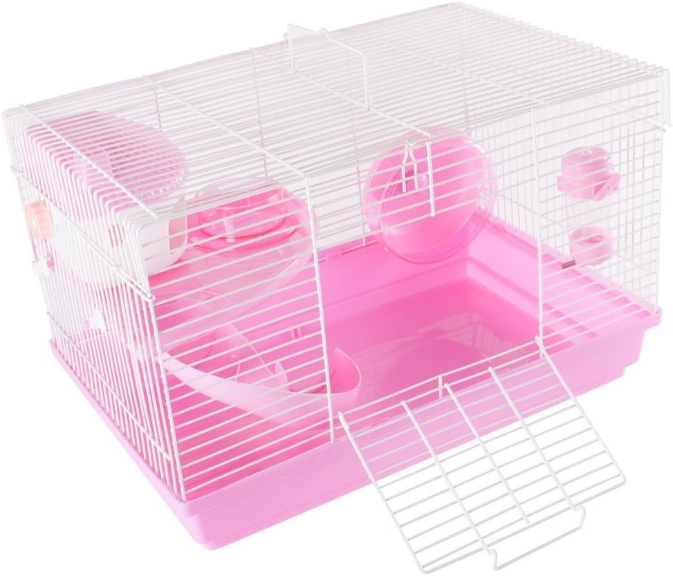 Petlicity Hamster Cage โ Compact Pet Activity Home House with Water Bottle and Feeding Bowl โ Features Platform with Spiral Ramp, Hideaway Sleeping Hut and Running Wheel - (Pink)