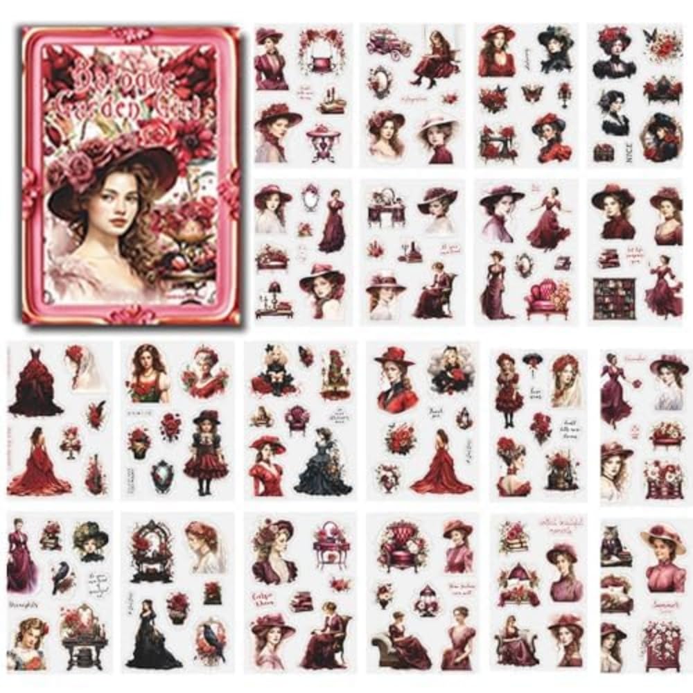 Alideco Vintage Scrapbook Stickers Set Baroque Garden Girl Sticker Book for Adults Sticker journaling Stickers for Scrapbooking Tweezer 20Sheets(chiyanheisha)