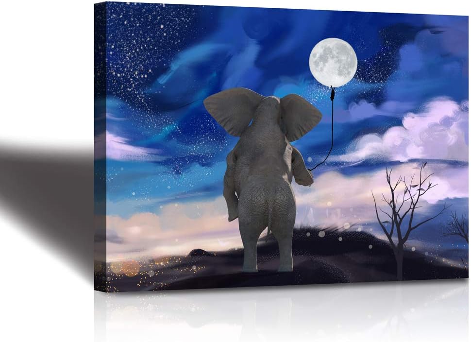 Canvas Wall Art Animal Elephant Pull the moon and play with the stars Cute cartoon wall art For the bathroom wall decoration Hang directly in the children's room Canvas Stretched Artwork Ready to Ha