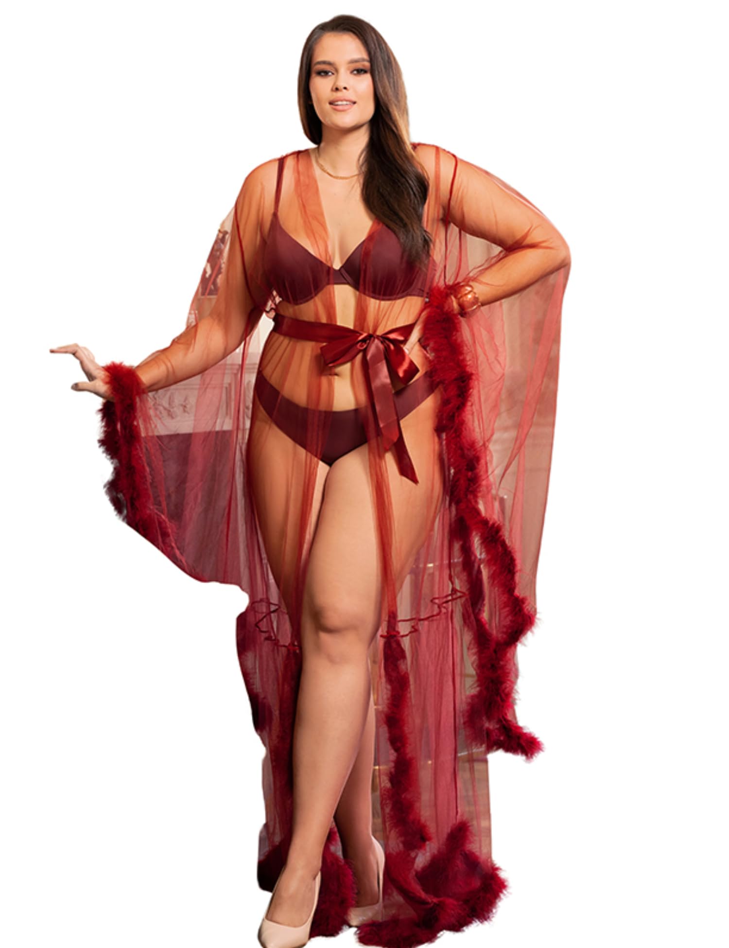 Photo 1 of ohyeahlady Women Lingerie Robe Long Sheer Kimono Robe Nightgown Bridal Robe with Fur M-5XL (4-6, Wine Red)