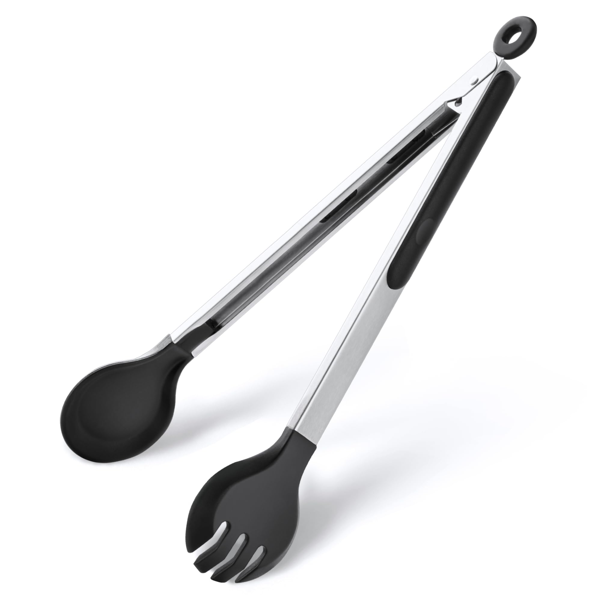 Photo 1 of 12 Inch Silicone Cooking Tongs, 2-in-1 Kitchen Tongs with Measure Spoon & Silicone Tip, Stainless Steel Non-Stick Food Tong for Cooking, Grilling (Black)
