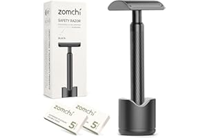 ZOMCHI Double Edge Safety Razor with Razor Stand, [New Version 2.0 ] Men’s Metal Razor with 10 Safety Razor Blades for Men & Women - Matte Black