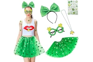 Ansee St Patricks Day Accessories Set, 5PCS Costumes Party Set Includes Tulle Tutu Skirt, Green Headband, Glasses, Necklaces, Tattoos Sticker for Women Girls Irish Party Favor