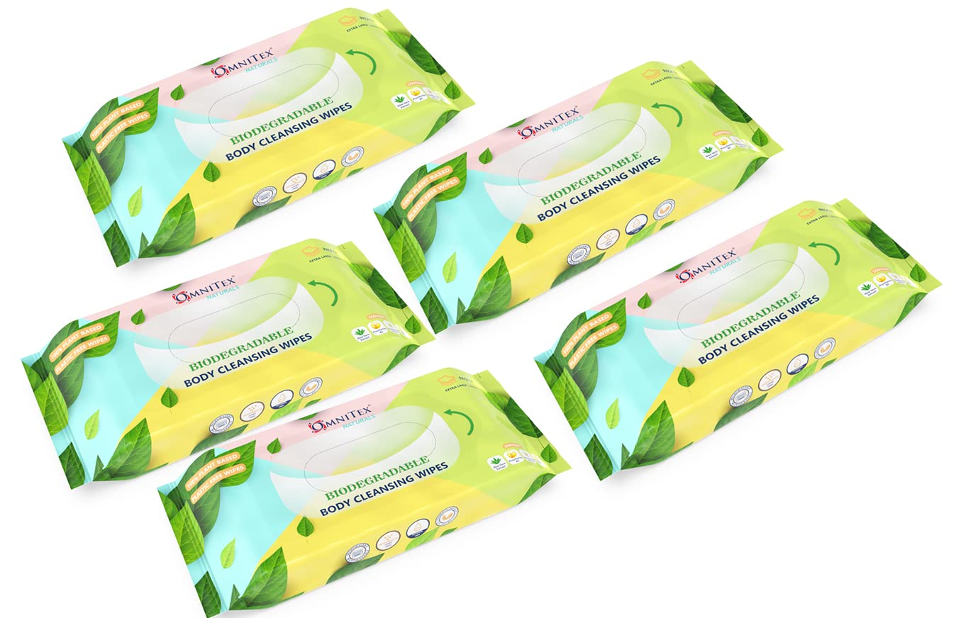 200x Omnitex Biodegradable Extra Large & Extra Thick Body Cleansing Wipes - Microwaveable | Rinse Free Wipes for Camping, Festivals, Elderly Bed Bath | Alcohol Free, With Aloe Vera & Vitamins | 5x40pk