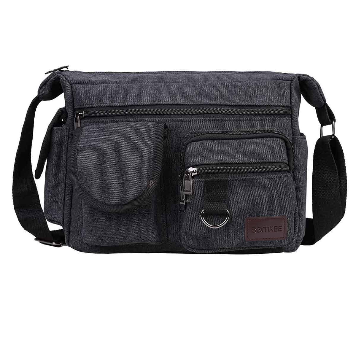 Canvas Messenger Bags BOMKEE Shoulder Crossbody Satchel Mens Vintage Casual Notebook Waterproof Day Bag for Travel, Weekender, School Bag Side Beach Pack, 30CMx12CMx23CM, Black