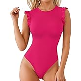 MANGOPOP Women's Body Suits Cute Crew Neck Ruffle Sleeveless Slim Fit Bodysuit Tank Tops Tight Casual Sexy