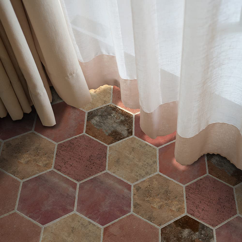 Photo 1 of 10 Pcs Self-Adhesive Hexagonal Matte Frosted Vinyl Floor Wall Tiles Sticker for Home Decor, Peel and Stick Stone Effect Foaming Flooring Tiles, 20cm/8inch, Brick Terra Cotta