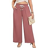 Lastshe Plus Size Wide Leg Pants for Women Elastic High Waisted Drawstring Loose Lounge Long Palazzo Trousers with Pockets