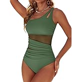 Dridreo Womens Mesh One Piece Swimsuits Ruched Tummy Control Bathing Suit Modest Full Coverage Slimming Swim Suit
