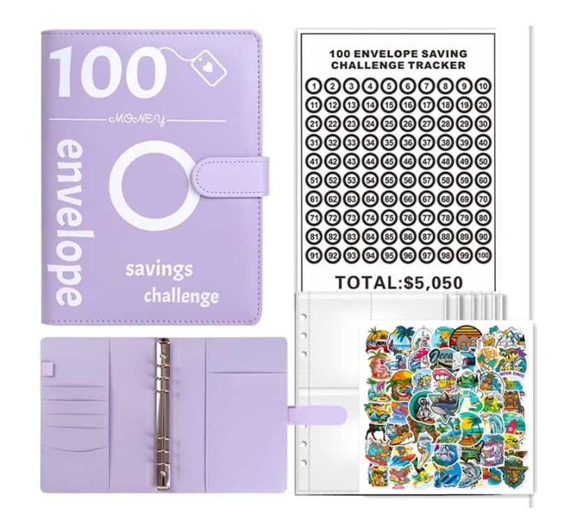 100 Envelopes Saving Challenge,Savings Book with Cash Envelopes Fun Budget Challenges for Money Easy Budget Binder Organizer for Couples Offices Home School (Purple, Surfing)