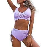 Fanuerg Women's Twist Front High Waisted Bikini Swimsuit Drawstring Tie Side Bottom Two Piece Bathing Suit