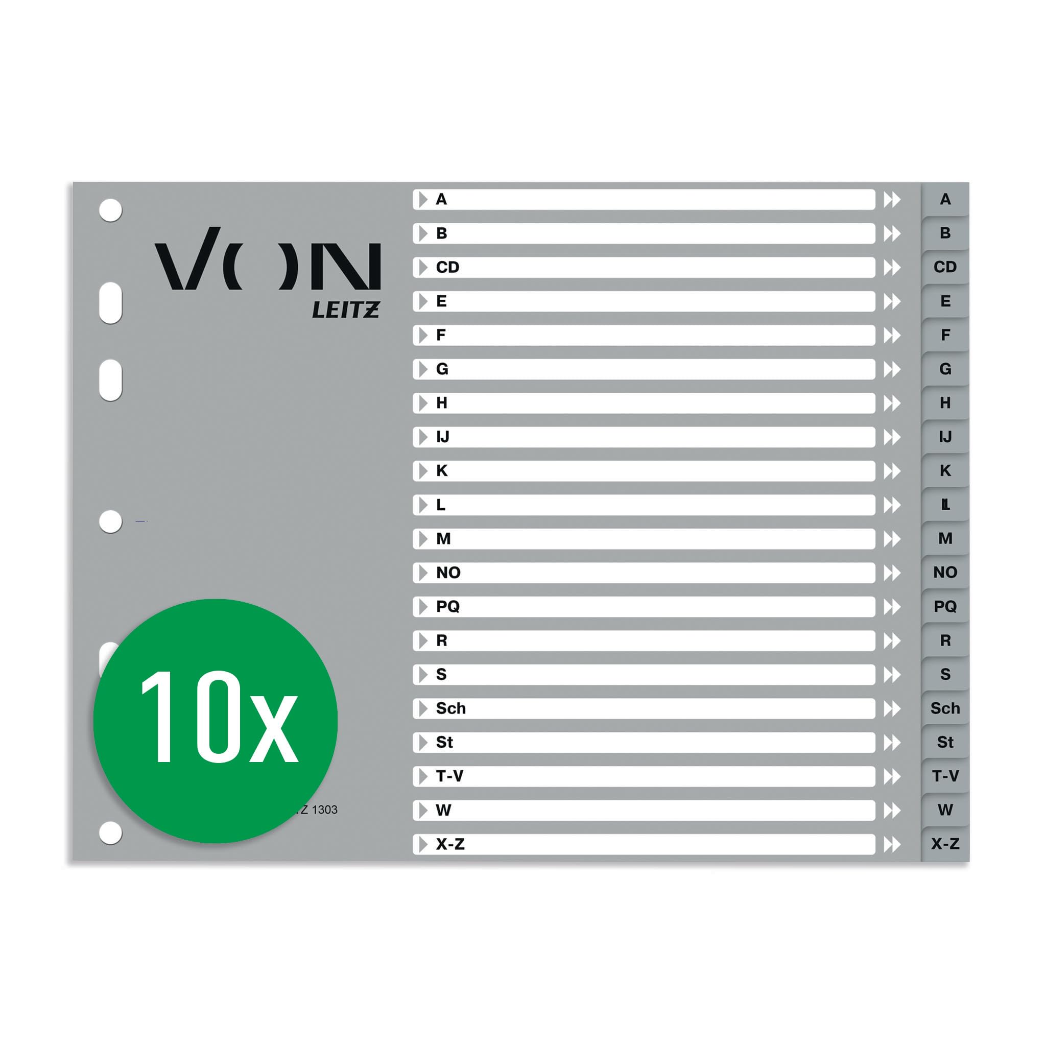 VON Leitz 13030085 Alphabet Index A-Z for Folders, A4, PP Cardboard, Half Height, Extra Wide, 11-Hole Universal Tabs, Alphabetic Dividers, Grey, Pack of 10 — image 1