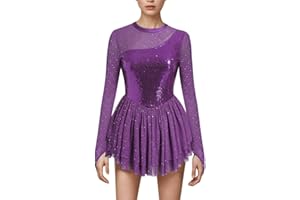 AFAVOM Sequin Figure Skating Dress for Women Long Sleeve Shiny Mesh Rhinestone Ice Skating Dress Ballet Lyrical Dancewear