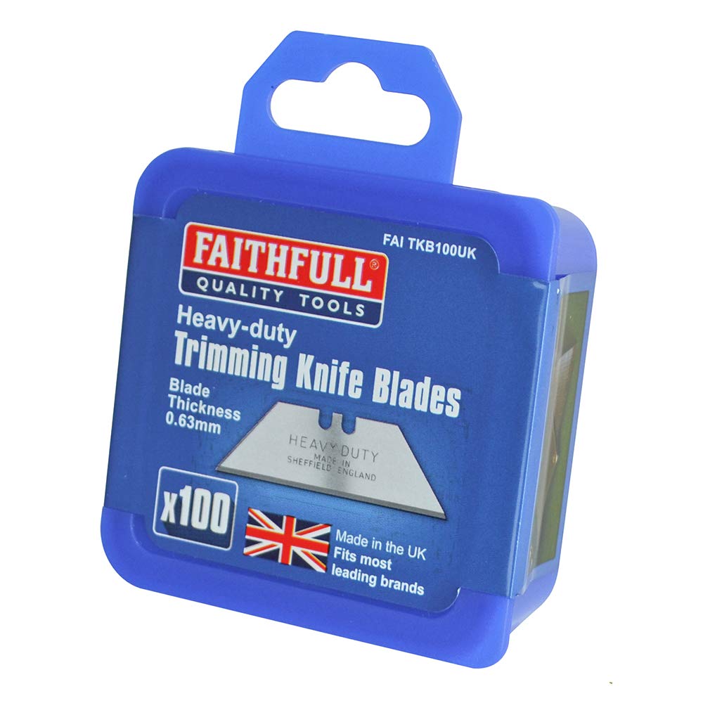 Faithfull Heavy-Duty Trimming Knife Blades with Storage Box, Made in The UK – Pack of 100