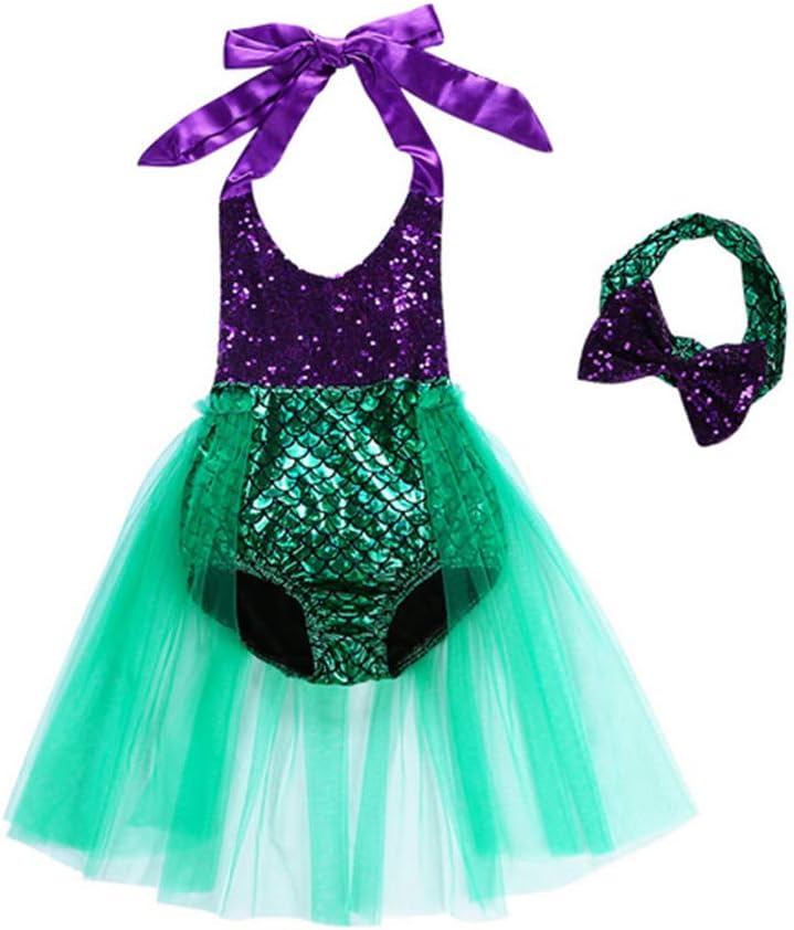 Baby Girls One Piece Sequins Swimsuit Mermaid Bikini Dress+Headband