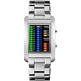 MASTOP Men's Creative Binary Matrix Blue LED Digital Waterproof Watch Stainless Steel Military Silver Watches