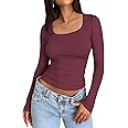 Trendy Queen Womens Long Sleeve Shirts Crop Tops Basic Tight Slim Fit Y2K T Shirts Winter Clothes 2024