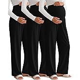 Sweetyweee 3 Pack Women's Maternity Pants Over The Belly Pregnancy Pants Stretchy Loose Wide Leg Lounge Pajama with Pockets(Black, Black, Black,Large)