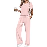 AUSELILY Women's Batwing Short Sleeve Two Piece Sets Summer Crew Neck Wide Leg Pants Matching Sets Women Clothing 2026