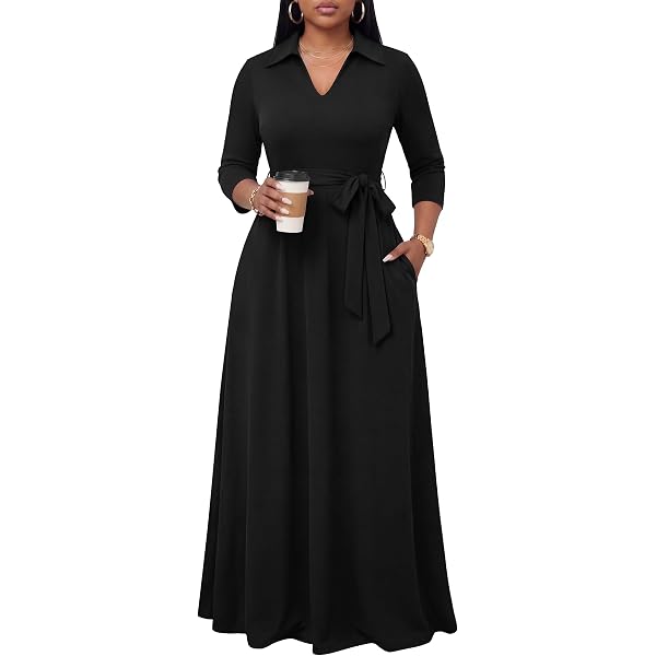 Nmoder Black Maxi Dress for Women with Pocket - Flowy Long Dresses 3 4  Sleeve V Neck Belt Solid Black XL at Amazon Women's Clothing store