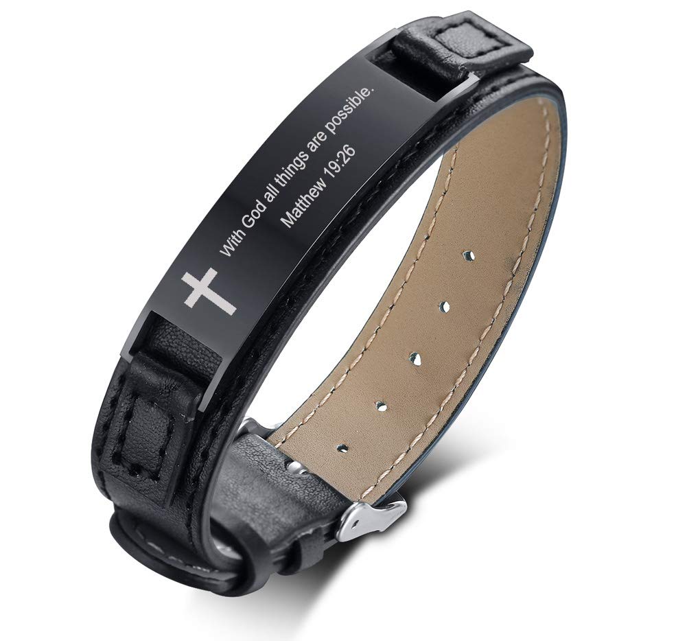 PJ JEWELLERY With God all things are possible Matthew 19:26 Inspiring Men's Christian Bibe Verse Bracelet,Black