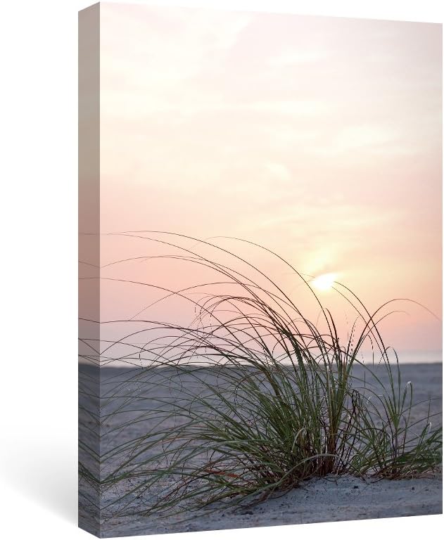 SUMGAR Beach Pictures Wall Art Stretched Canvas Natural Scenery Artwork for Living Room Grasses on The Seashore, 16x24 inch