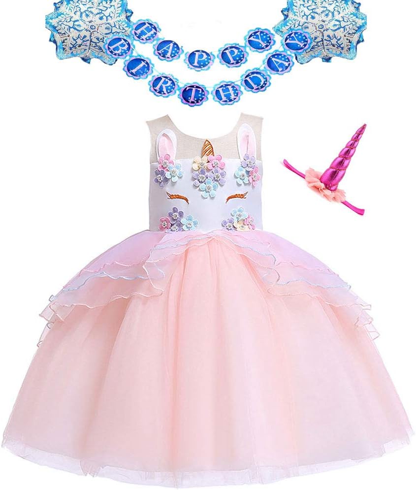 Girls Unicorn Party Dress Kids Birthday Tulle Tutu Dresses with Headband