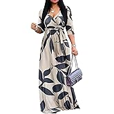 Yajedo Womens Casual Summer Maxi Dress Plus Size Sexy Warp V Neck 3/4 Sleeve Sundress with Poctets