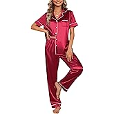 Ekouaer Silk Satin Pajamas Set Women Short Sleeve Sleepwear Soft Button Down Loungewear Pjs Set
