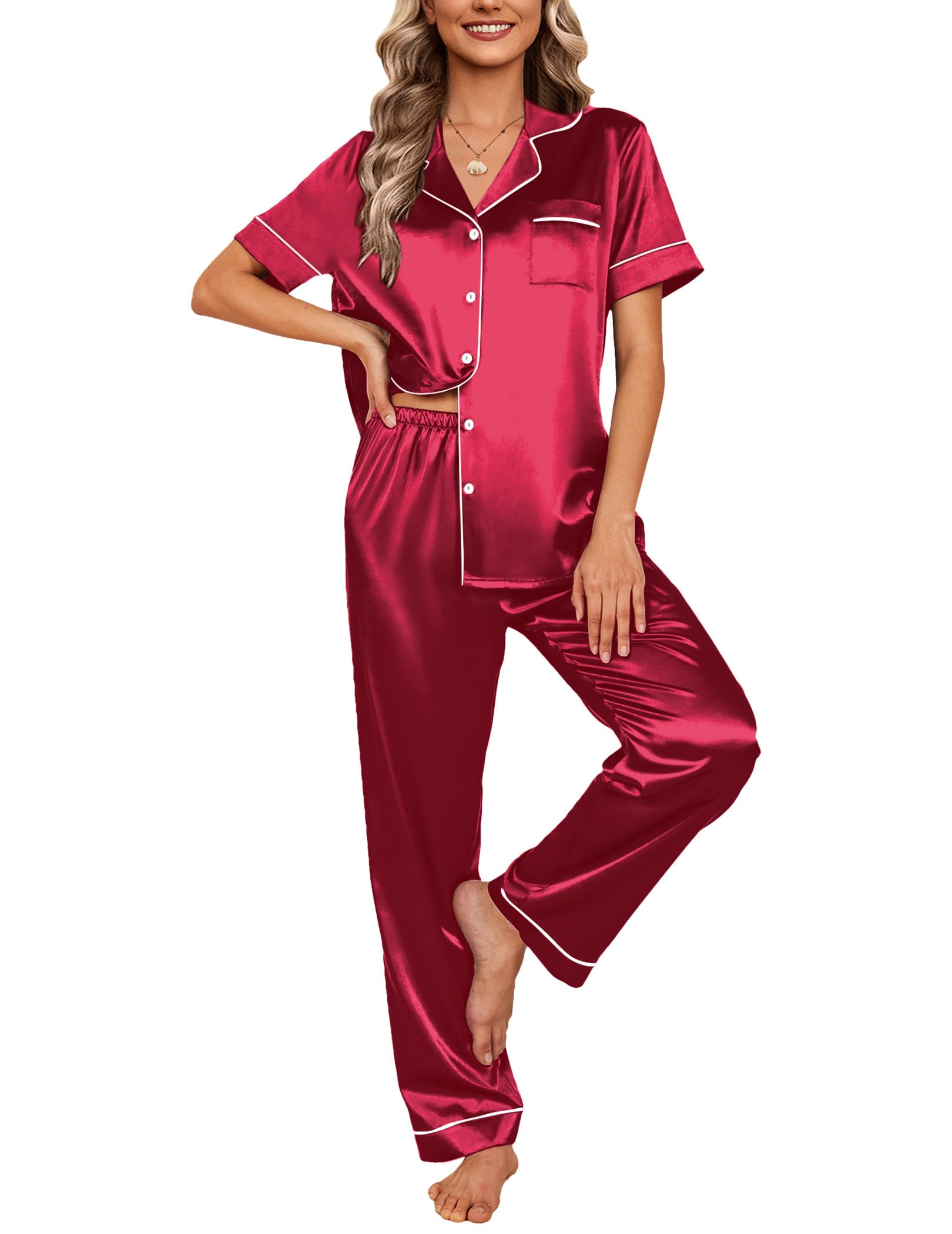 Ekouaer Silk Satin Pajamas Set Women Short Sleeve Sleepwear Soft Button Down Loungewear Pjs Set Wine Red XX-Large Image