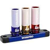WORKPRO 1/2" Drive Lug Nut Impact Duty Socket Set, 3 Pieces 17-19-21mm Deep Thin Wall Socket Set, Made of Premium Cr-Mo Steel, Non-Marring Lug Nut Wheel Sockets for Car