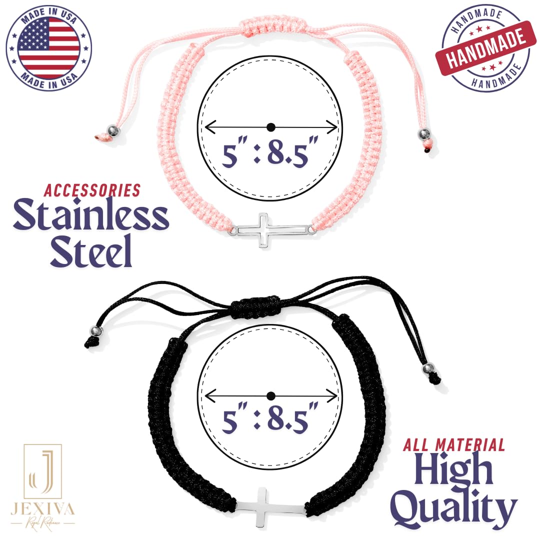 Jexiva 2Pcs Adjustable Couples Bracelet - Christian Cross - Stainless Steel - Strong Woven Rope - Couples, Family & Friendship Bracelet for Men & Women Gift