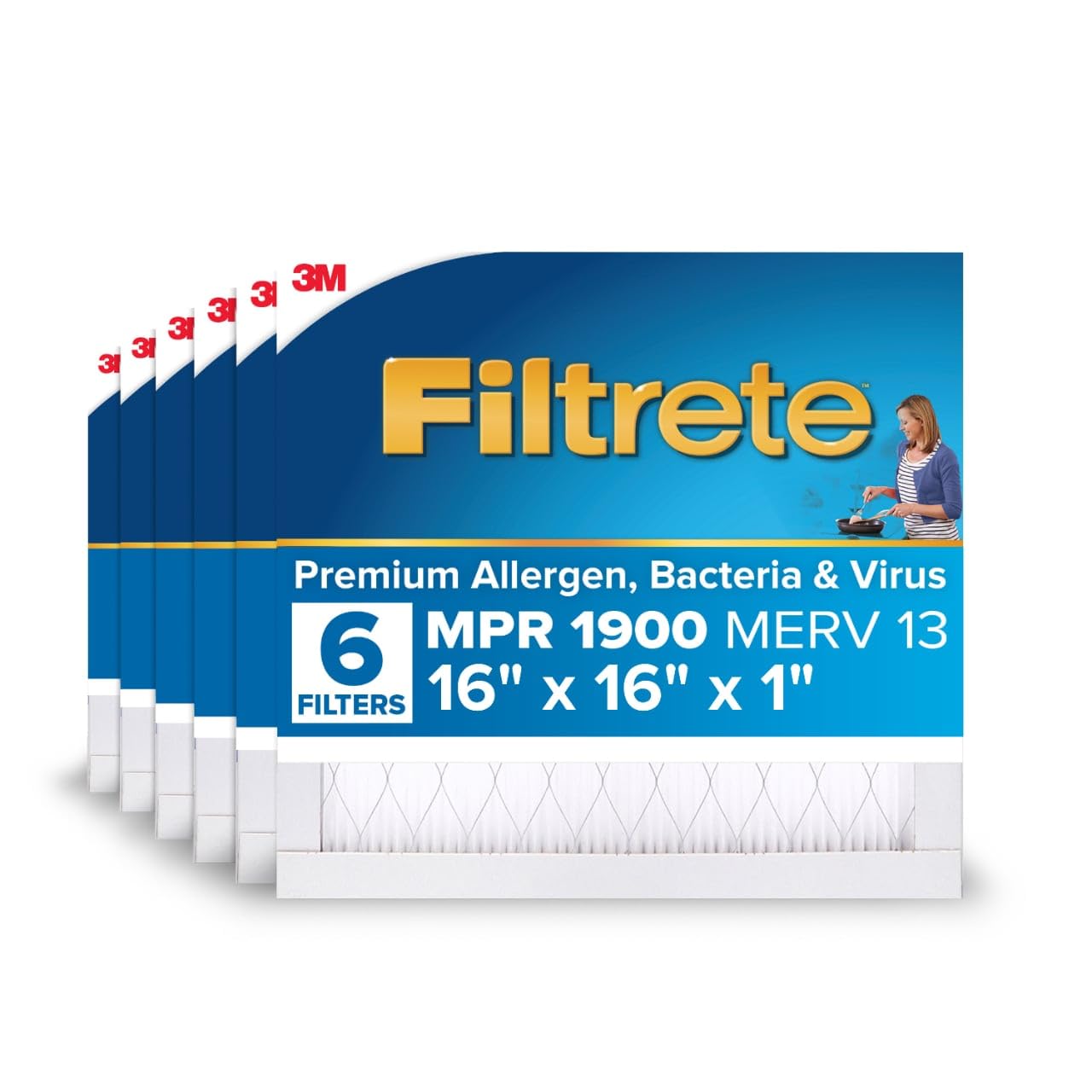 Filtrete 16x16x1 AC Furnace Air Filter, MERV 13, MPR 1900, Premium Allergen, Bacteria & Virus Filter, 3-Month Pleated 1-Inch Electrostatic Air Cleaning Filter, 6-Pack (Actual Size 15.81x15.81x0.78 in) Image