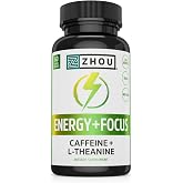 Zhou Energy + Focus - 200mg L-Theanine - 60 Vegetarian Capsules (Pack of 1) | L Theanine Caffeine Pills, 100mg Natural Anhydrous Caffeine Boost for Adults, Men &amp; Women, Slow Extended Release