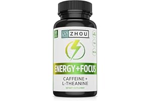 Zhou Energy + Focus - L Theanine Caffeine Pills, 200mg L-Theanine, 100mg Natural Anhydrous Caffeine Boost for Adults, Men & Women, Slow Extended Release - 60 Vegetarian Capsules (Pack of 1)