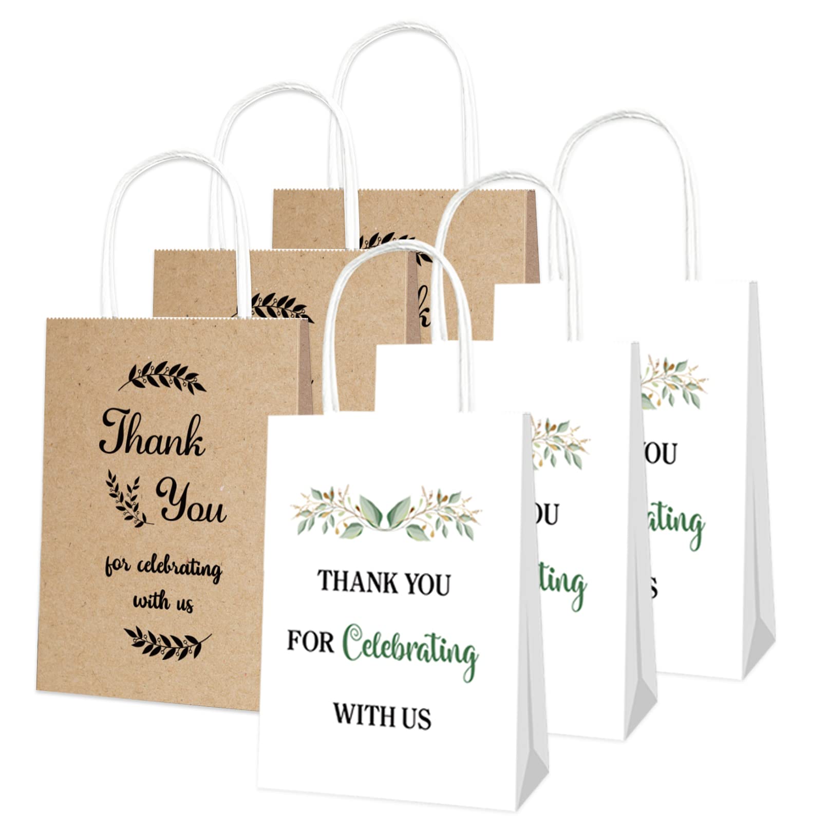 12pcs Paper Party Gift Bags with Handles - Thank You & Party Favour Bags for Wedding, Bridal & Baby Showers, Birthdays, Business - White & Brown