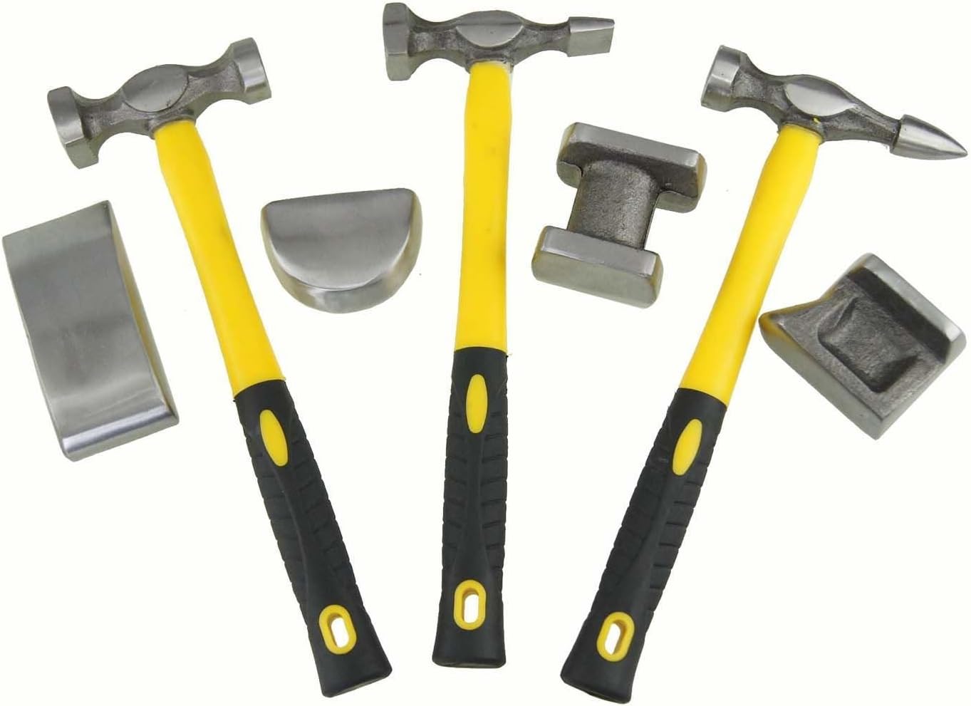 TOPWAY 7-Piece Professional Auto Body Repair Hammer & Dolly Set, Heat-Treated Steel Heads, Fiberglass Handles with Grip