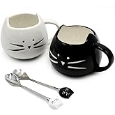 Koolkatkoo Cute Cat Mug Ceramic Coffee Mugs Set Gifts for Women Girls Cat Lovers Funny Small Cup with Spoon 12 oz Black and White