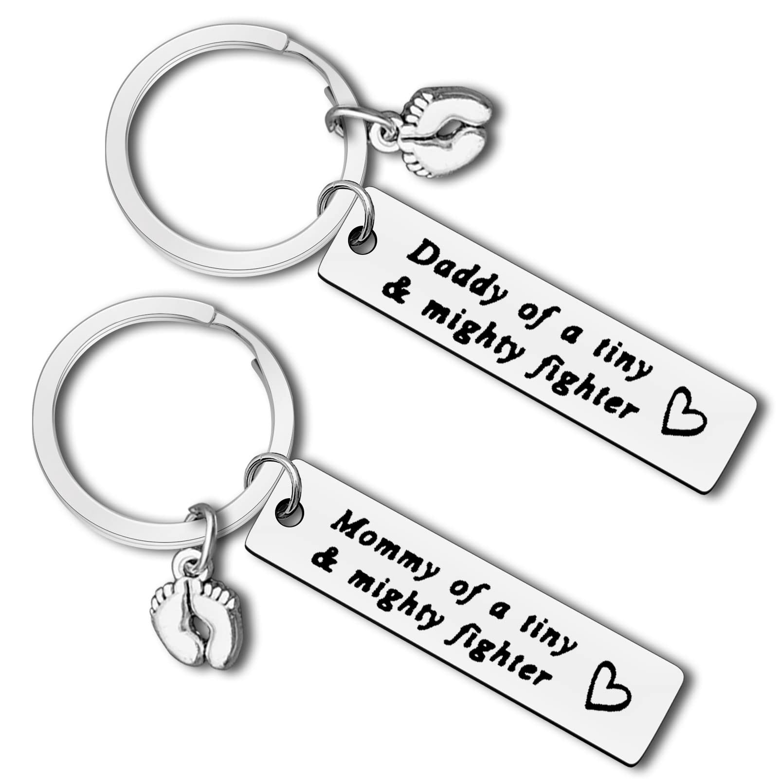 NICU Dad and Mom Keyring Set - Mommy Daddy of A Tiny Mighty Fighter - Parents Gift for Preemie Baby - Neonatal Intensive Care Unit - New Born, Mother's and Father's Day