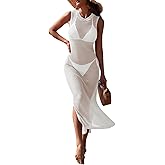 HUUSA Women's Crochet Swimsuit Cover Up Sleeveless Hollow Out Bathing Suit Coverup Sexy Backless Split Long Beach Dress