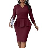 Runwind Plus Size Dresses for Curvy Women, Work Church Professional Office Vintage Peplum Pencil Dress V Neck 3/4 Sleeve