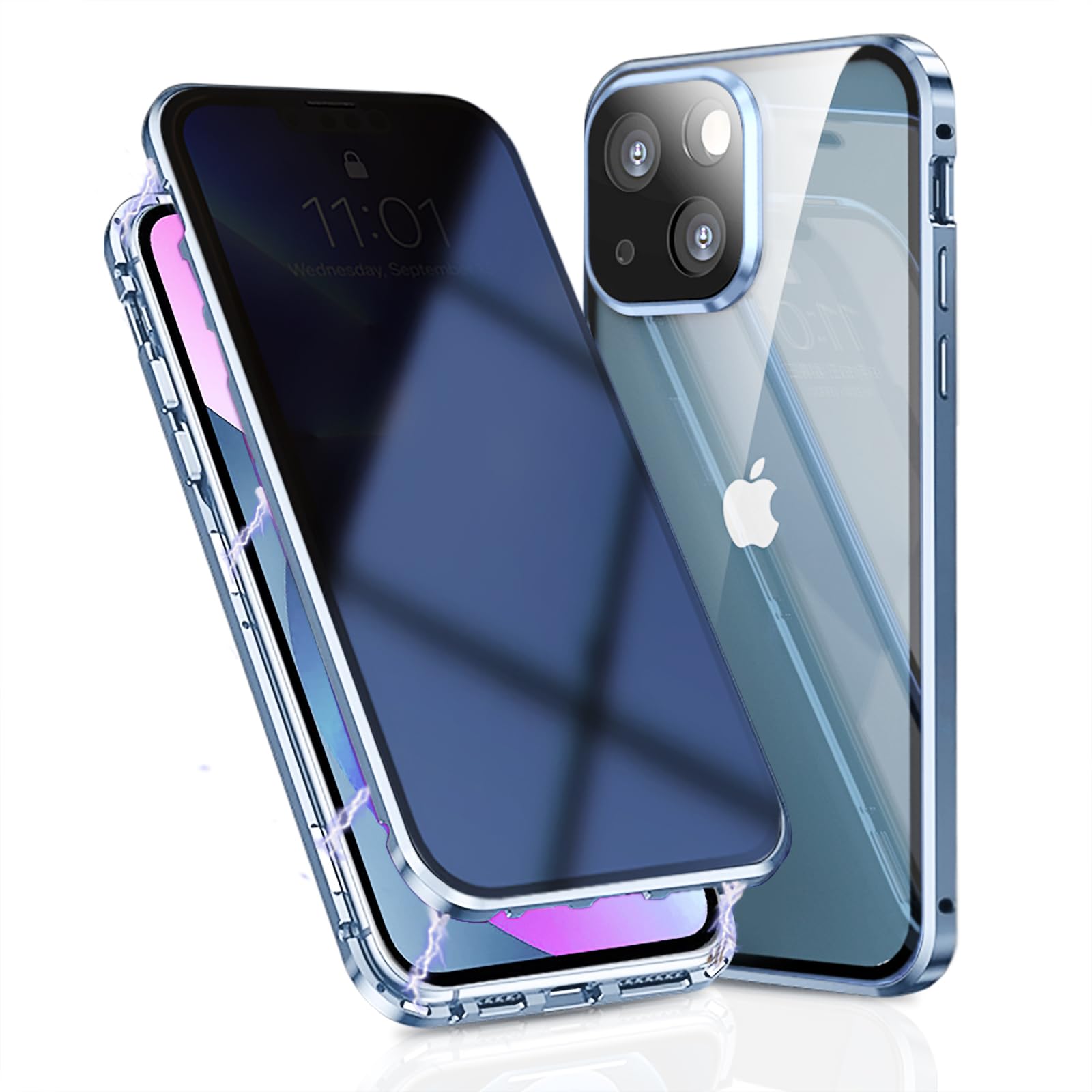 OMGZONE Privacy Case for iPhone 15 Magnetic Cover,Screen Protector built-in Anti-peep Tempered Glass Full Cover with Camera Protector,360 Degree Metal Bumper Case for iPhone 15,Blue — image 1
