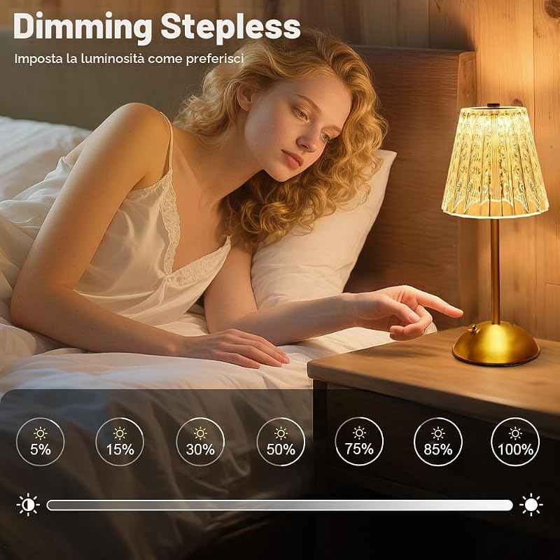 Lampada da Tavolo Ricaricabile e Senza Fili, 2000mAh Dimmerabile Abat Jour da Comodino Cristallo, Lampada da Comodino Touch Dimmerabile, 3 Colori USB-C, per Camera, Salotto, Ufficio, Bar, oro