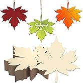 Subacy 25 PCS Unfinished Thanksgiving Wooden Crafts DIY Wood Cutouts with Hole Hanging Tags with Hemp Ropes Fall Harvest Christmas Party Decorations (Maple Leaf)