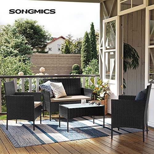 SONGMICS GGF004BZ03 4 Seater PE Resin Woven Outdoor Patio Balcony Garden Furniture Set with 1 Table, 2 Garden Chairs and 1 Outdoor Bench 2 Seater