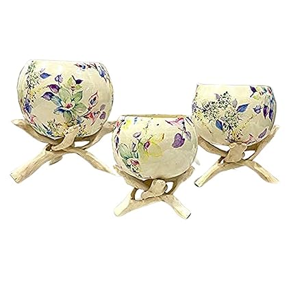 Decent Decor - Creme, Off White, Beige Metal Pots with Wooden Stand, Elegant Colour, Will go Well with Any Decor - (3 Piece, Size: 5