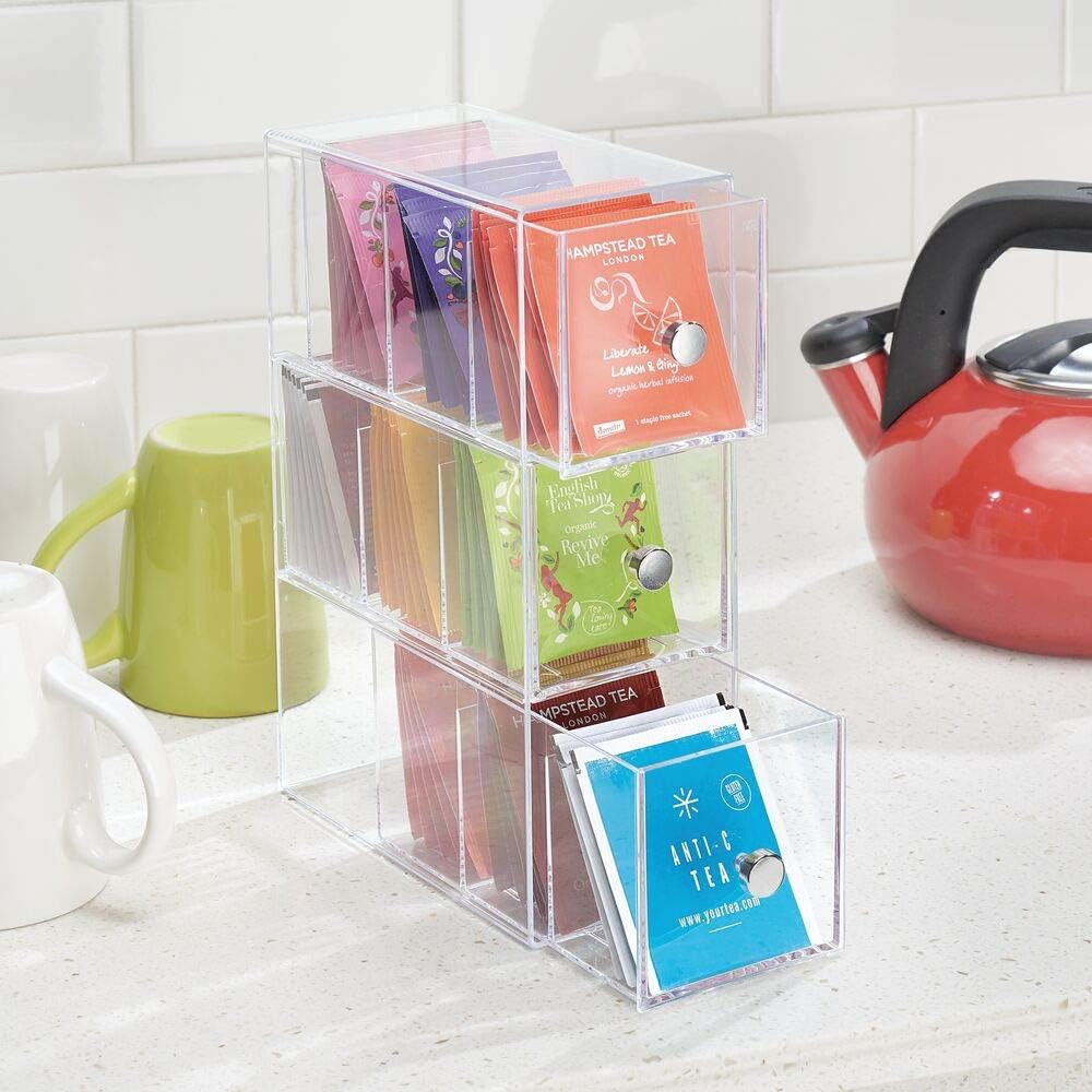 mDesign Kitchen Organiser with 3 Drawers - Storage Box for Tea Bags Coffee Capsules, Sweeteners and More - Plastic Tea Chest - Clear - Image 3