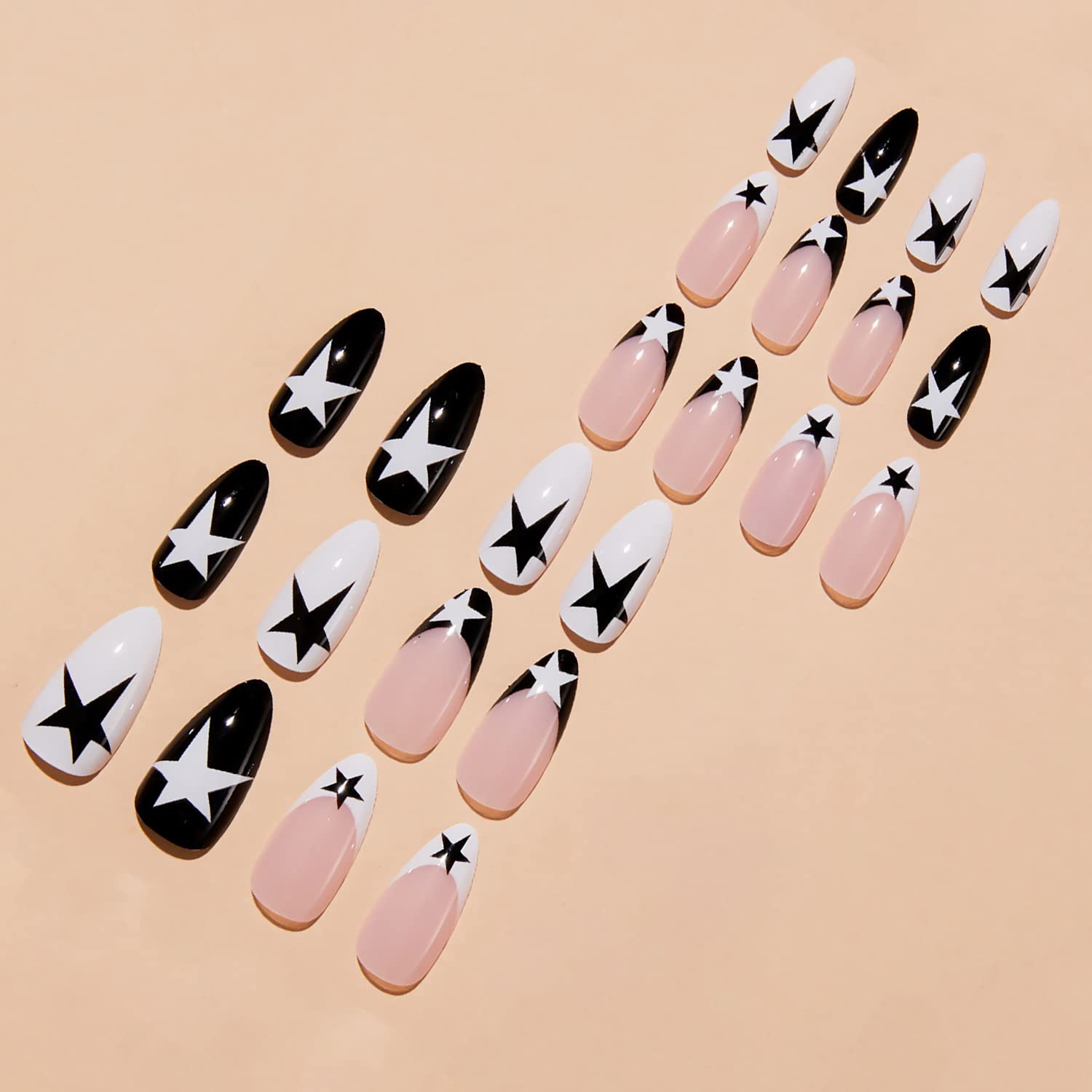 Press on Nails Medium Almond French Tip Fake Nails Full Cover False Nails with Black and White Stars Designs Y2K Press on Nails Glossy Glue on Nails Artificial Acrylic Nails for Women Girls 24 pcs - Image 5