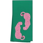 OHSUL Preppy Hot Pink Cheetah Leopard Forest Green Absorbent Kitchen Towels Dish Towels Dishcloth,Trendy Retro Western Hand Towel Tea Towel for College Dorm Bathroom Kitchen Decor,