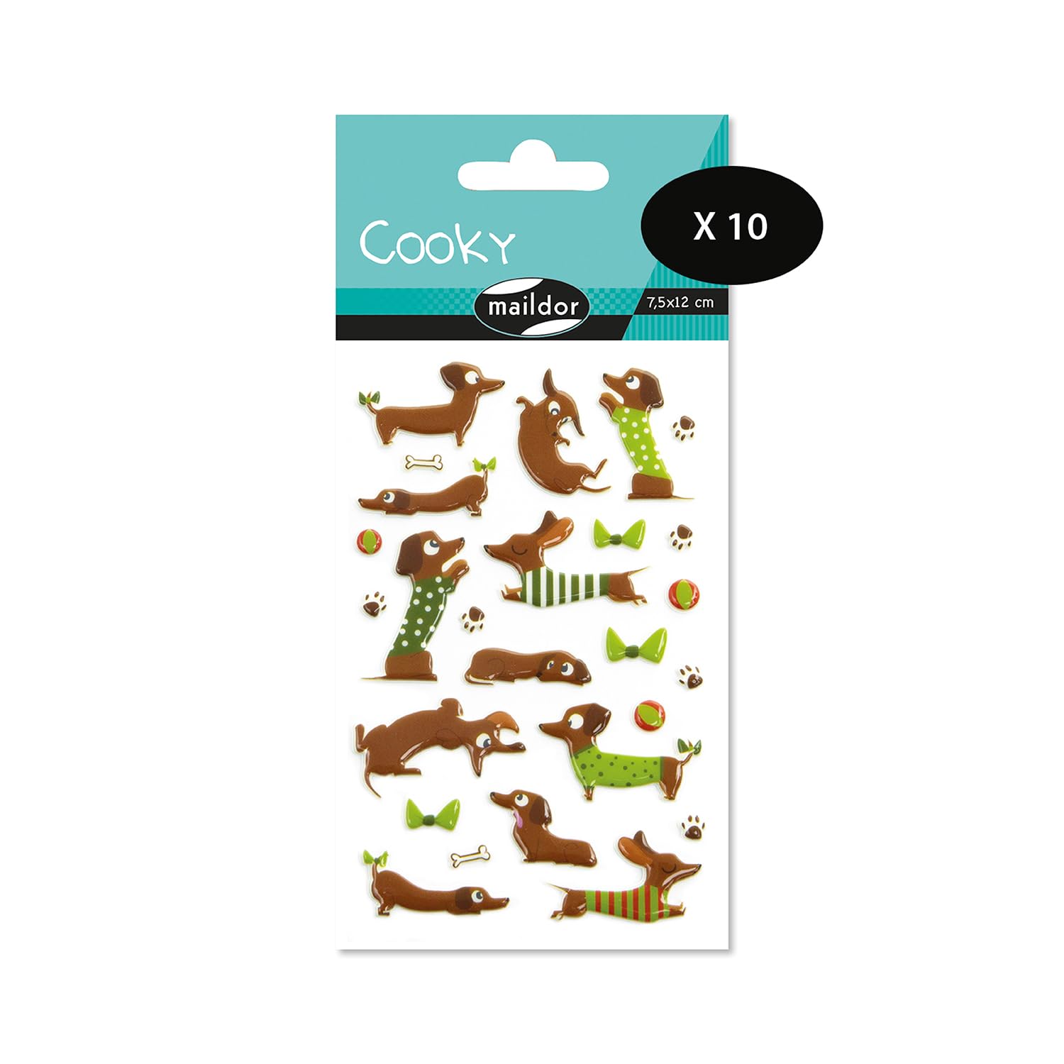 Maildor CY097Cpack - Cooky 3D Stickers - LOT of 10 Sheets 12x8 cm - 260 Stickers - Dachshunds Theme - Children's Arts and Crafts Accessories - Creative